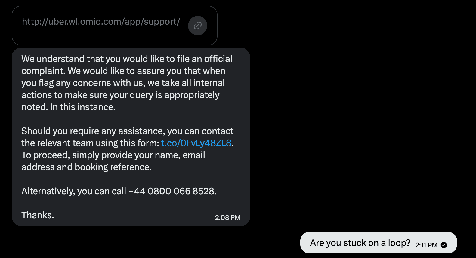 Uber Omio support message repeating they cannot help with technical issues